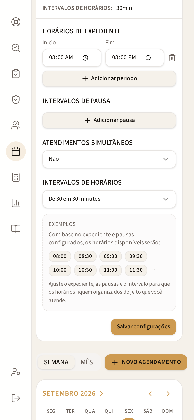 Tela CONFIGURAÇÕES DA AGENDA no celular