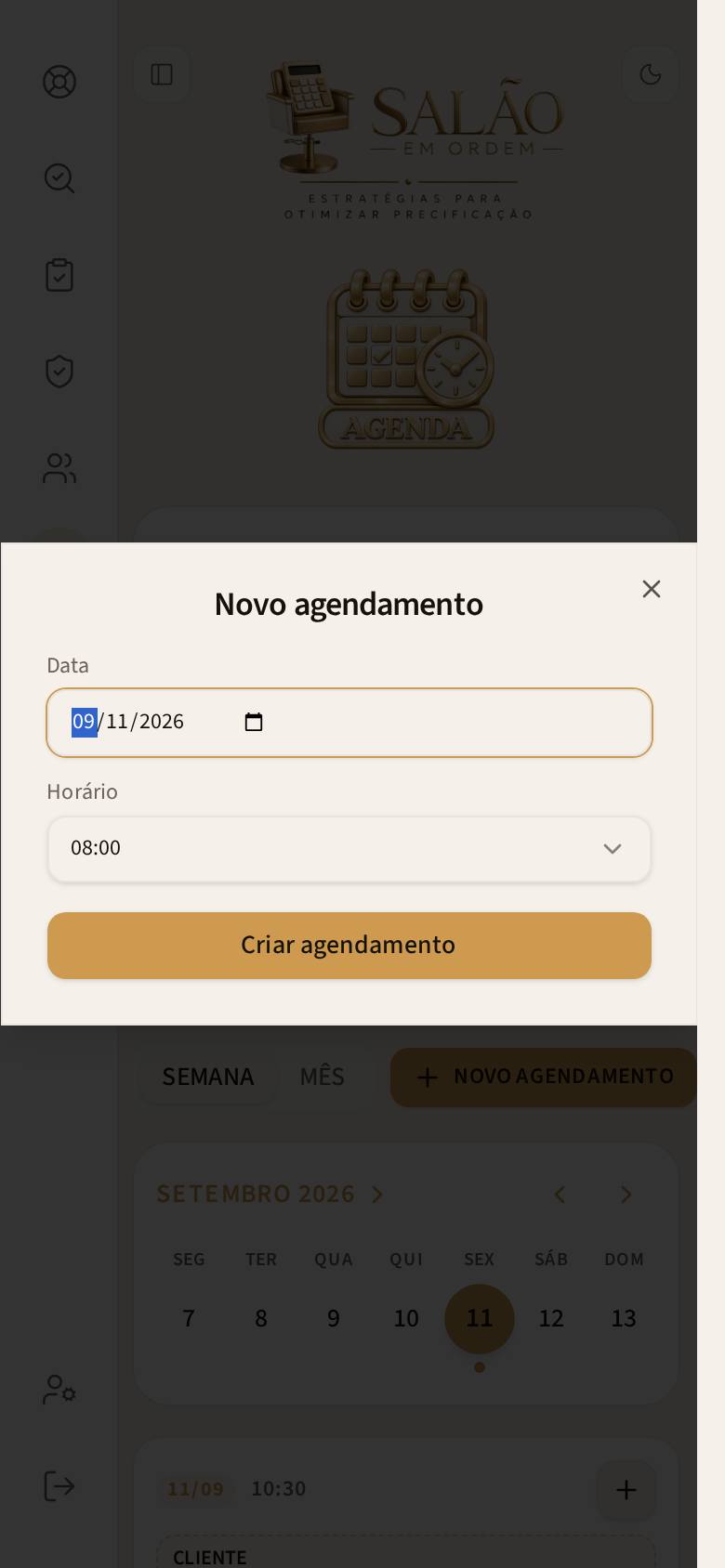 Tela NOVO AGENDAMENTO no celular