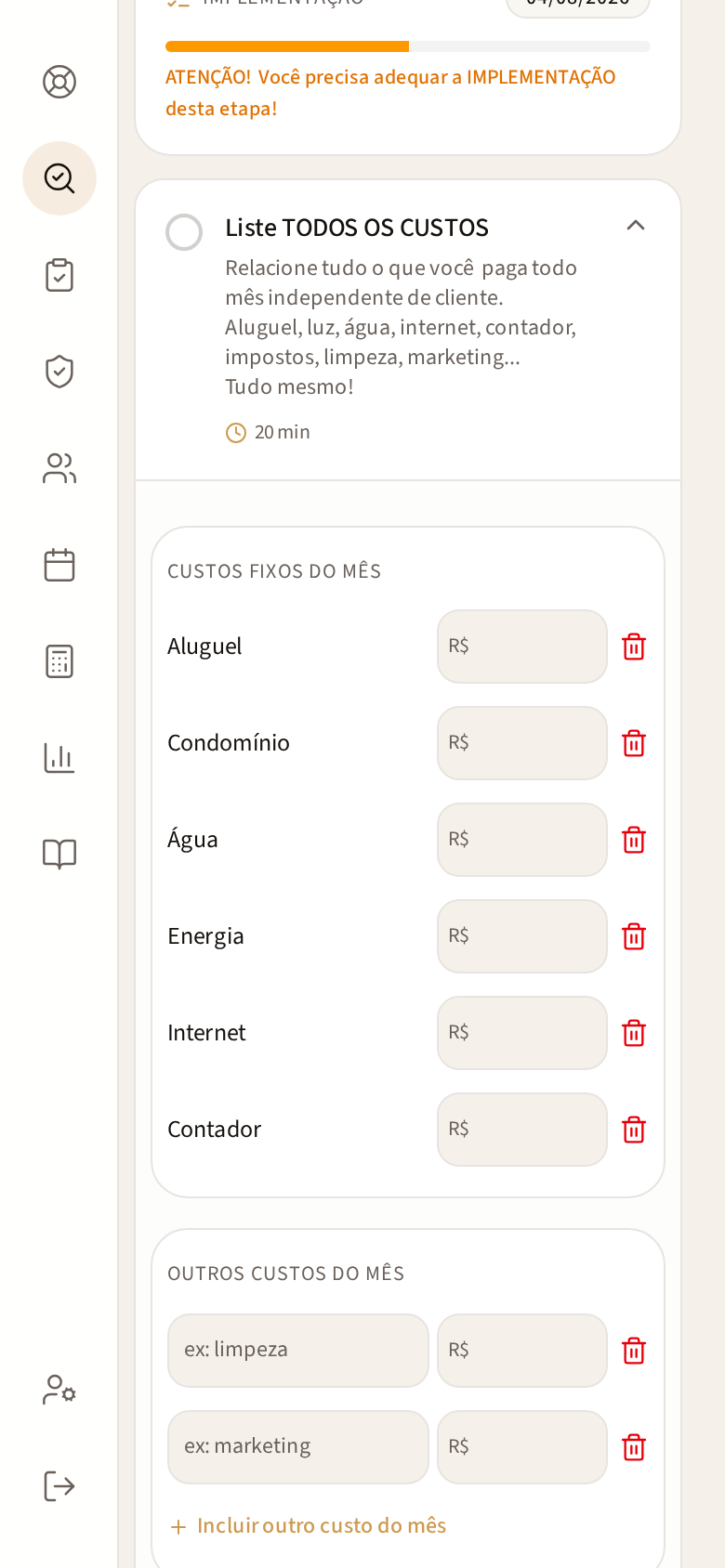 Tela LISTE TODOS OS CUSTOS no celular