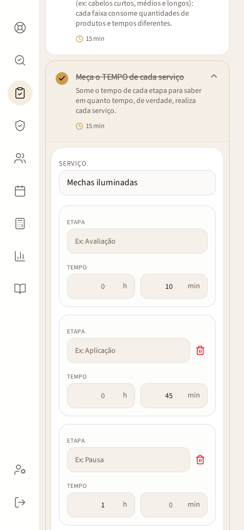 Tela MEÇA O TEMPO DE CADA SERVIÇO no celular